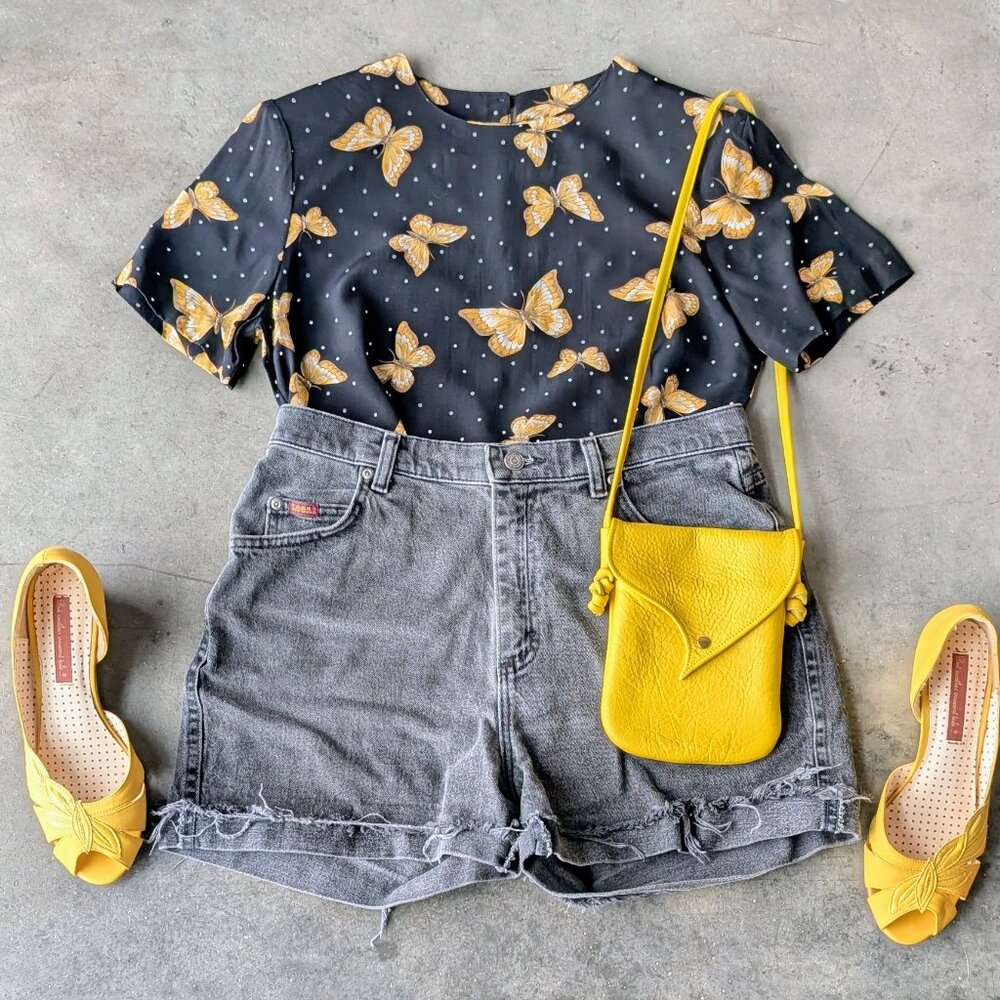Vintage Norton McNaughton Petite Black Yellow Butterfly Blouse size 8